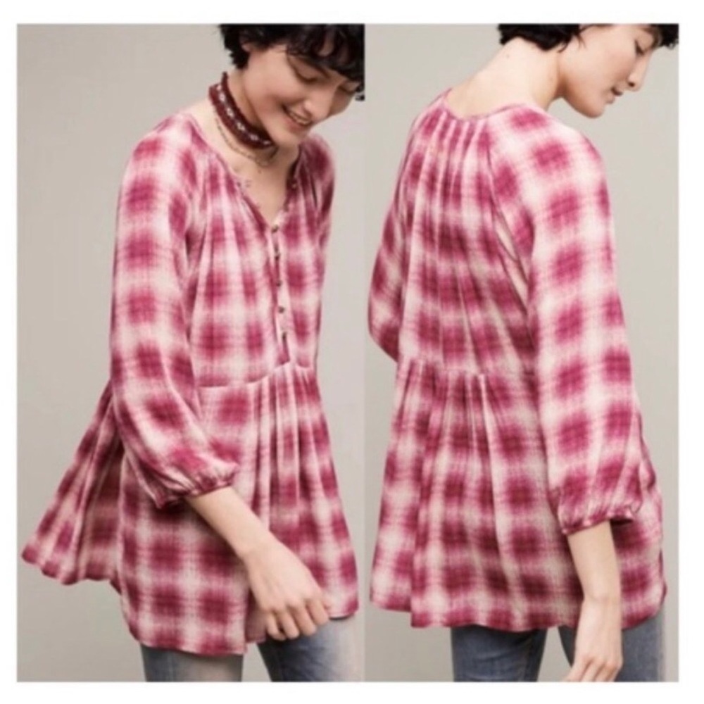 Maeve Red Cavalin Peplum Plaid Tunic Size XS
